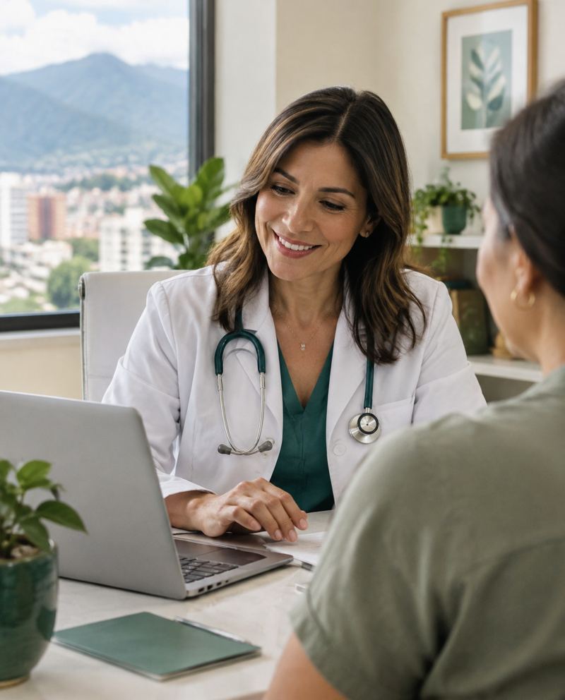 Doctora revisando la historia de una paciente en su laptop