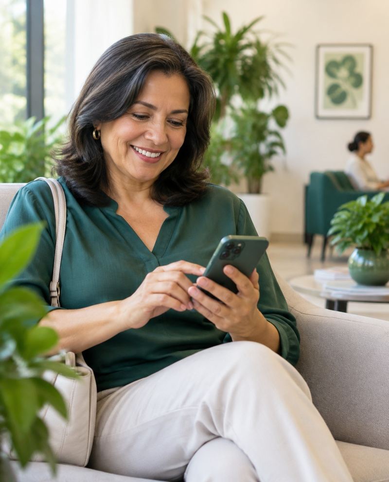 Paciente sonriendo al ver la confirmación de su cita en el teléfono